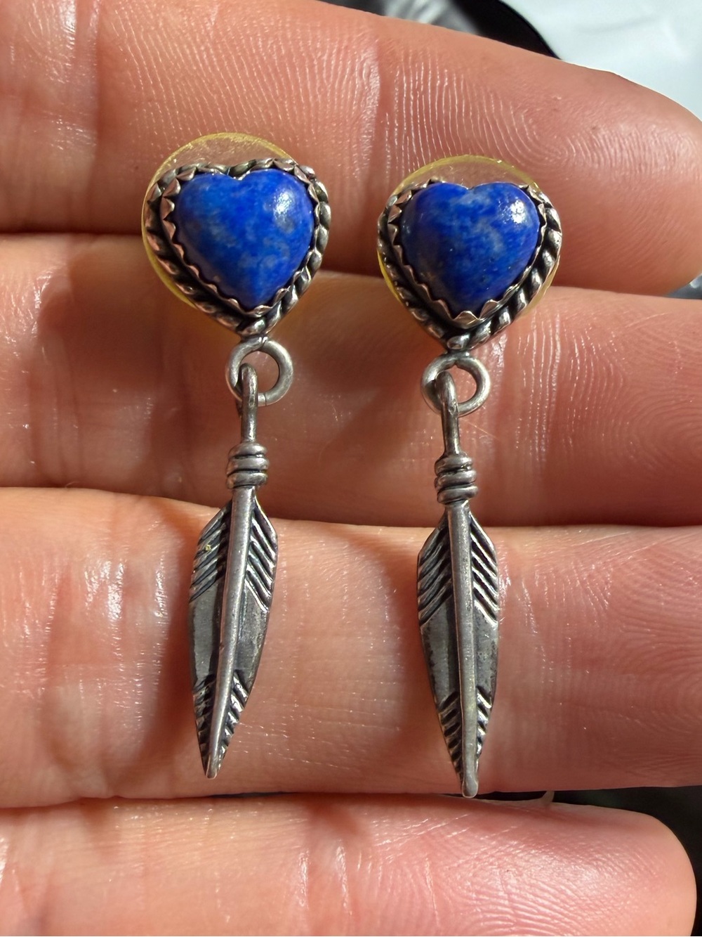 Vintage Navajo 925 Sterling Silver Blue Heart Lapis Drop Feather Earrings